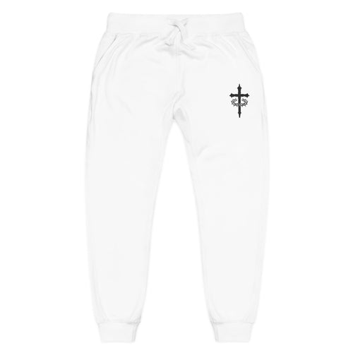 Embroidered Cross Sweatpants — White Fleece Religious Joggers