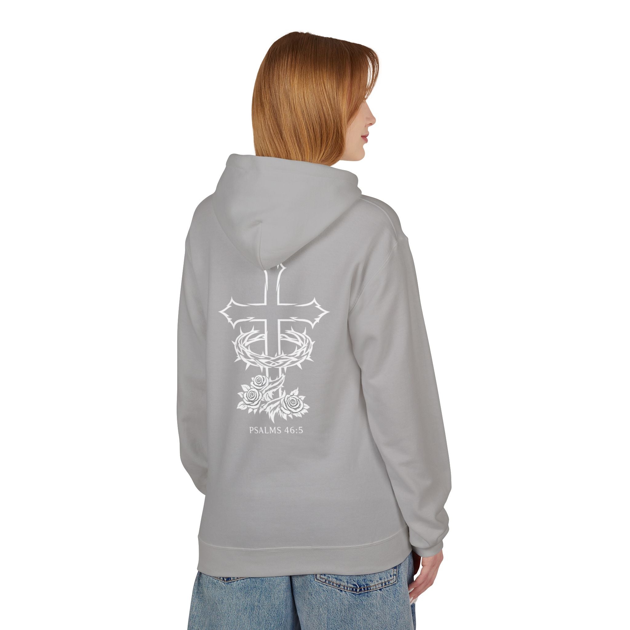 Christian Hoodie "She will not fail" Psalm 46:5 Cross & Crown of Thorns with Roses Design