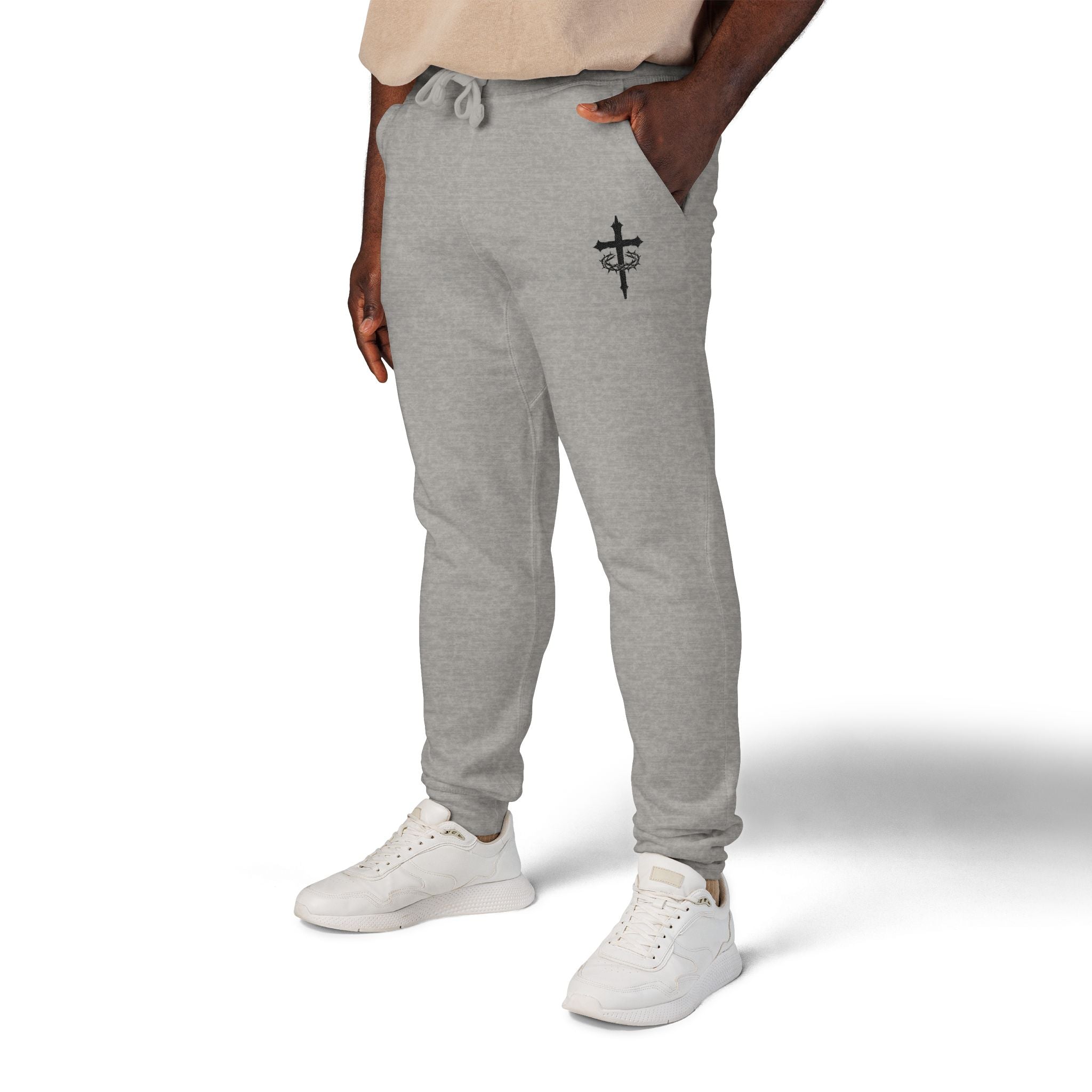 Embroidered Cross Sweatpants — White Fleece Religious Joggers