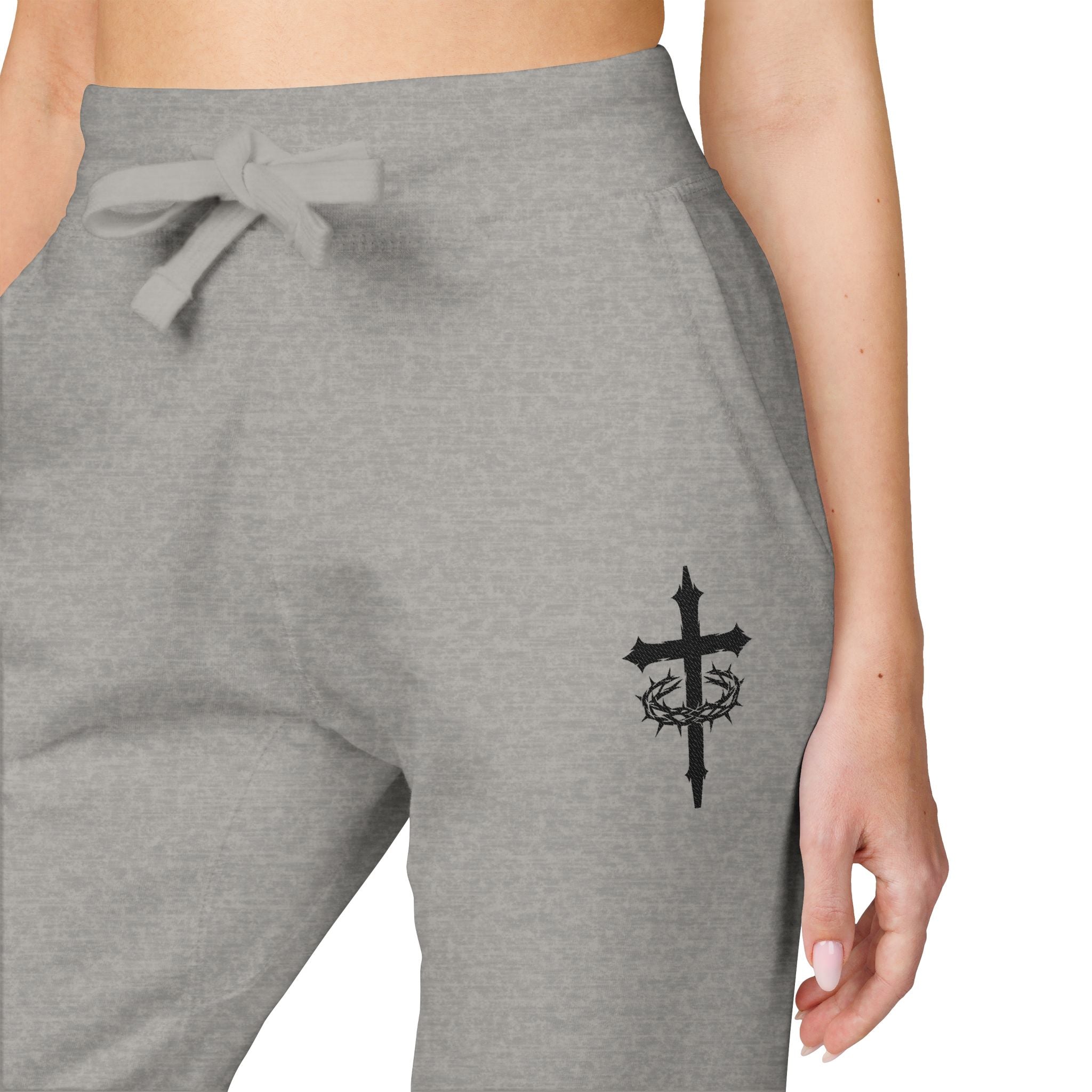 Embroidered Cross Sweatpants — White Fleece Religious Joggers