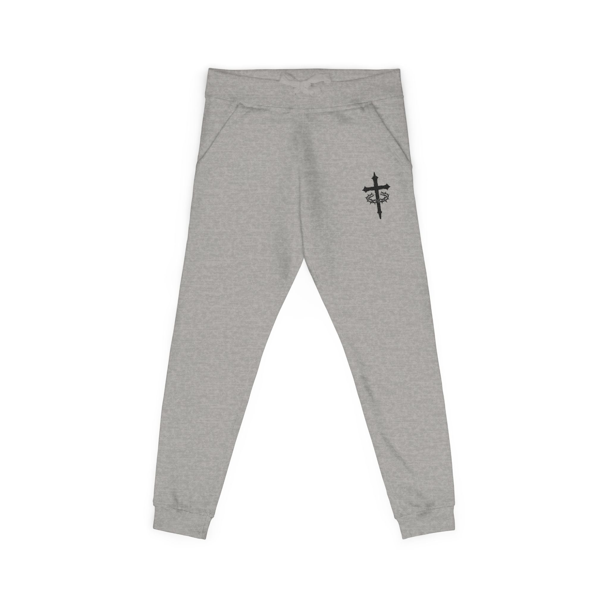 Embroidered Cross Sweatpants — White Fleece Religious Joggers