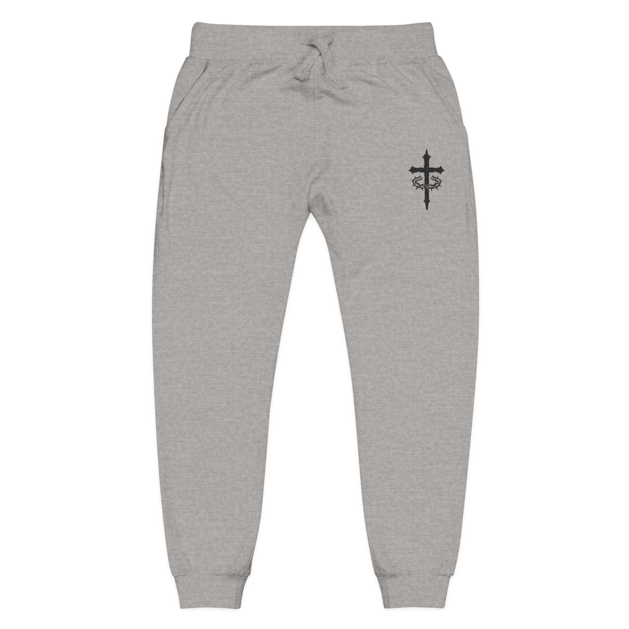 Embroidered Cross Sweatpants — White Fleece Religious Joggers
